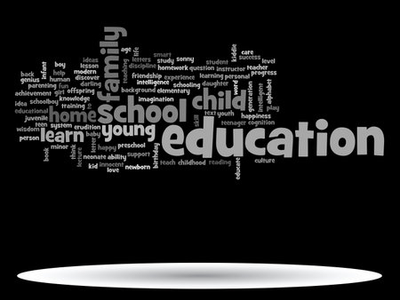 Concept or conceptual education abstract word cloud, black background, metaphor to child, family, school, life, learn, knowledge, home, study, teach, educational, achievement, childhood or teenの写真素材