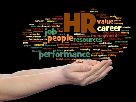 Concept conceptual hr or human resources management abstract word cloud in hand isolated on background, metaphor to workplace, development, career, success, hiring, competence, goal, corporate or jobの写真素材