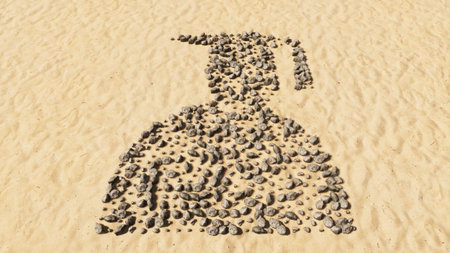 Concept conceptual stones on beach sand handmade symbol shape, golden sandy background, graduate...