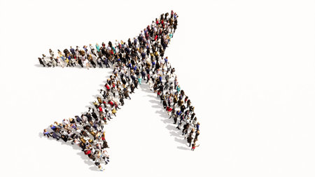 Concept conceptual large community of people forming the airplane sign. 3d illustration metaphor for...