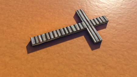 Concept or conceptual wooden logg  cross on an clay background. 3d illustration metaphor for God, Christ, Christianity, religious, faith, holy, spiritual, Jesus, belief or resurectionの写真素材