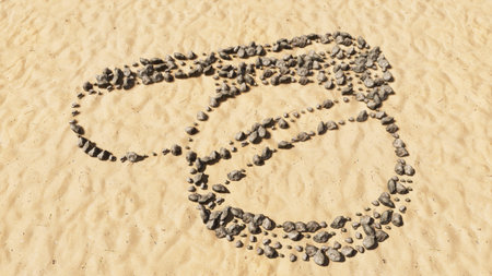 Concept conceptual stones on beach sand handmade symbol shape, golden sandy background, sign of...