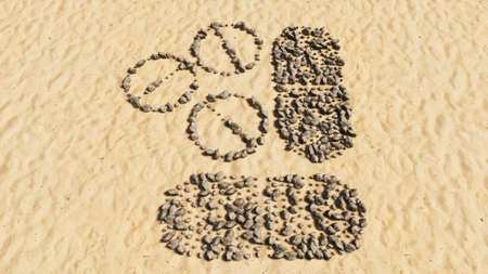 Concept conceptual stones on beach sand handmade symbol shape, golden sandy background, sign of medicine pill treatment. A 3d illustration metaphor for medicine, healthcare, pharmaceutical industryの写真素材