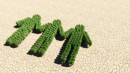 Concept or conceptual group of green forest tree on dry ground background, children holding hands...