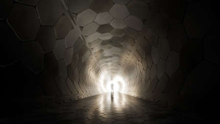 Concept or conceptual dark tunnel with a bright light at the end or exit as metaphor to success, faith, future or hope, a black silhouette of walking man to new opportunity or freedom 3d illustrationの写真素材