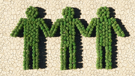Concept or conceptual group of green forest tree on dry ground background, children holding hands...