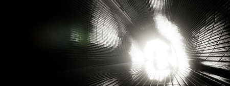 Concept or conceptual dark tunnel with a bright light at the end or exit as metaphor to success, faith, future or hope to new opportunity or freedom 3d illustrationの写真素材