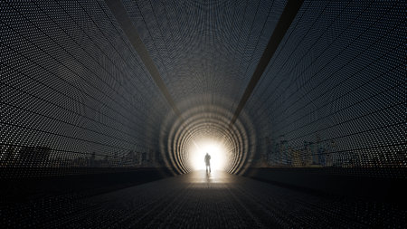 Concept or conceptual dark tunnel with a bright light at the end or exit as metaphor to success, faith, future or hope, a black silhouette of walking man to new opportunity or freedom 3d illustrationの写真素材