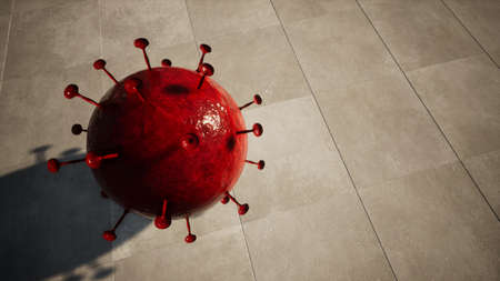 Concept or conceptual red 3d illustration  of coronavirus on ceramic floor background as a warning for global outbreak and the danger of transmission of this deadly infectious respiratory diseaseの写真素材