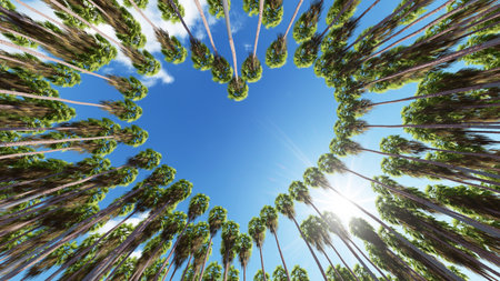 Concept or conceptual heart shape symbol made of forest tree branches over a blue sky background as romantic frame. A metaphor to love, Valentine Day celebration, environment ecology 3D illustrationの写真素材