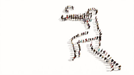 Concept or conceptual large community of people as the image of a volleyball player on white...