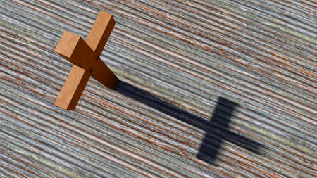 Concept or conceptual metal rusted cross on a natural wood or wooden logg background. 3d illustration metaphor for God, Christ, religious, faith, holy, spiritual, Jesus, belief, resurectionの写真素材