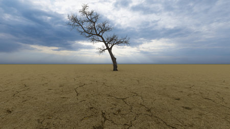 Concept or conceptual desert landscape with a parched tree as a metaphor for global warming and...