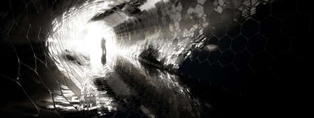 Concept or conceptual dark tunnel with a bright light at the end or exit as metaphor to success, faith, future or hope, a black silhouette of walking man to new opportunity or freedom 3d illustrationの写真素材