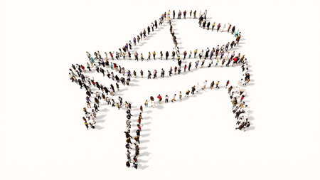 Concept or conceptual large community of people forming the image of piano on white background. A 3d illustration metaphor for music, concert, accoustic, orchestra, classic,  culture and entertainmentの写真素材