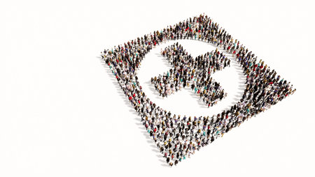 Concept or conceptual large gathering  of people forming a cross sign on white backround. A 3d illustration metaphor for medical care, assistance, emergency, doctor, pharmacy or  hospitalの写真素材