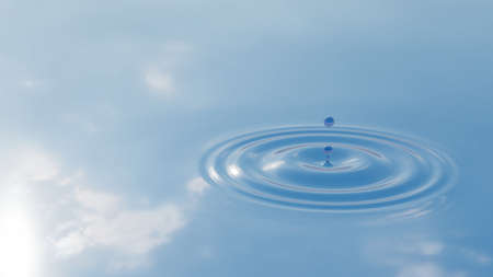 Concept or conceptual blue liquid drop falling in water on background with ripples and waves. 3d illustration metaphor for nature, natural, summer, spa, cool, business, environment, rain or healthの写真素材