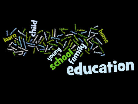 Concept or conceptual education abstract word cloud, black background, metaphor to child, family, school, life, learn, knowledge, home, study, teach, educational, achievement, childhood or teenの写真素材