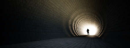 Concept or conceptual dark tunnel with a bright light at the end or exit as metaphor to success, faith, future or hope, a black silhouette of walking man to new opportunity or freedom 3d illustrationの写真素材