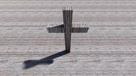 Concept or conceptual cross on a natural wood or wooden texture background. 3d illustration metaphor...
