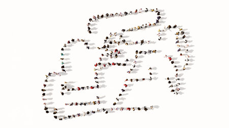 Concept or conceptual large community of people forming the image of a car on white background. A 3d...