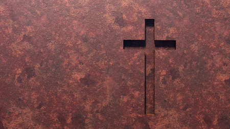 Concept or conceptual cross on a  rusted corroded metal or steel sheet backround. 3d illustration metaphor for God, Christ, Christianity, religious, faith, holy, spiritual, Jesus, belief, resurectionの写真素材