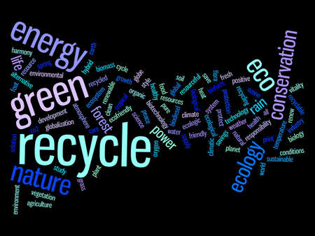 Concept or conceptual abstract green ecology and conservation word cloud text on black background, metaphor to environment, recycle, earth, alternative, protection, energy, eco friendly or bioの写真素材