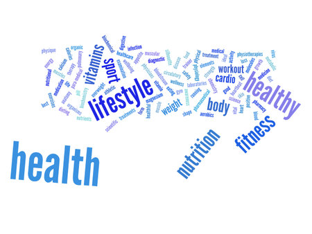 Concept or conceptual abstract word cloud on white background as metaphor for health, nutrition, diet, wellness, body, energy, medical, fitness, medical, gym, medicine, sport, heart or scienceの写真素材
