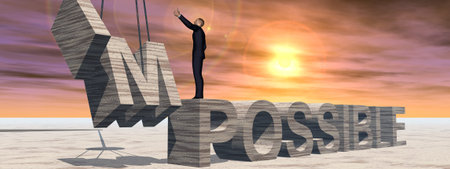 Conceptual 3D illustration of business man standing over stone impossible text on sunset sky...
