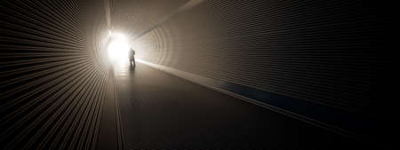 Concept or conceptual dark tunnel with a bright light at the end or exit as metaphor to success, faith, future or hope, a black silhouette of walking man to new opportunity or freedom 3d illustrationの写真素材