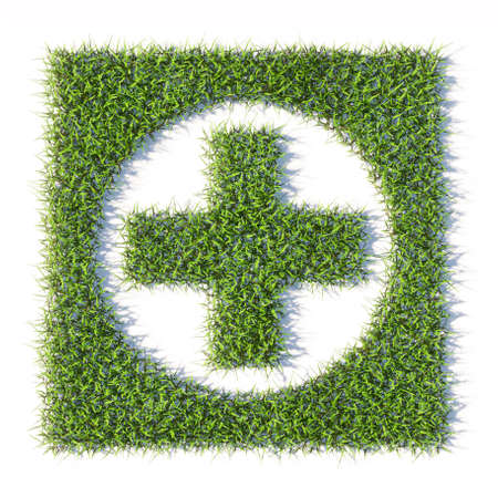 Concept or conceptual green summer lawn grass symbol shape isolated white background, sign of  cross sign. 3d illustration metaphor for medical care assistance, emergency doctor, pharmacy or  hospitalの写真素材