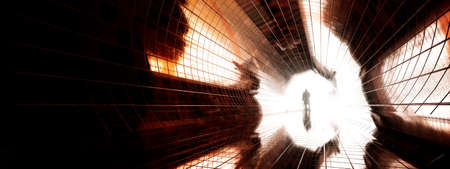 Concept or conceptual dark tunnel with a bright light at the end or exit as metaphor to success, faith, future or hope, a black silhouette of walking man to new opportunity or freedom 3d illustrationの写真素材