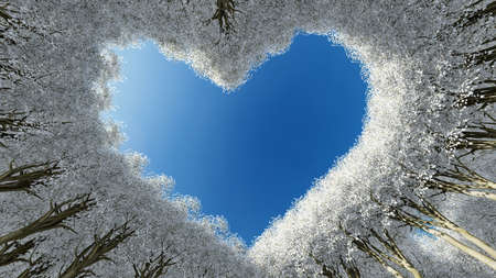 Concept or conceptual heart shape symbol made of forest tree branches over a blue sky background as romantic frame. A metaphor to love, Valentine Day celebration, environment ecology 3D illustrationの写真素材