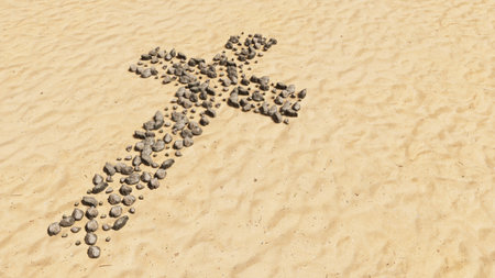 Concept conceptual stones on beach sand handmade symbol shape, golden sandy background, christian...