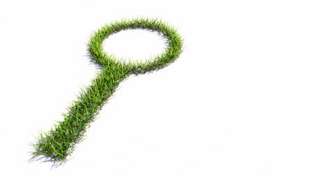 Concept or conceptual green summer lawn grass symbol shape isolated on white background, sign of magnifying glass. A 3d illustration metaphor for science, research, fun, games and  explorationの写真素材