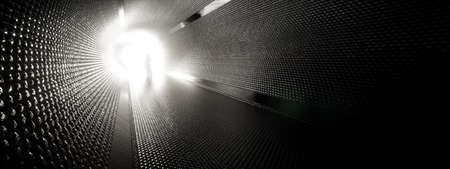 Concept or conceptual dark tunnel with a bright light at the end or exit as metaphor to success, faith, future or hope, a black silhouette of walking man to new opportunity or freedom 3d illustrationの写真素材