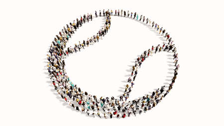 Concept or conceptual large community of people as the image of a ball on white background. A 3d illustration metaphor for sport,  basketball, tennis, competition and fun or helthの写真素材