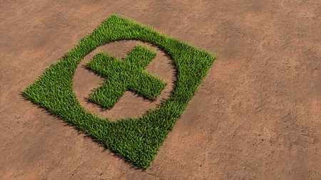 Concept conceptual green summer lawn grass symbol shape on brown soil or earth background, cross sign. 3d illustration metaphor for medical care assistance, emergency doctor, pharmacy or hospitalの写真素材