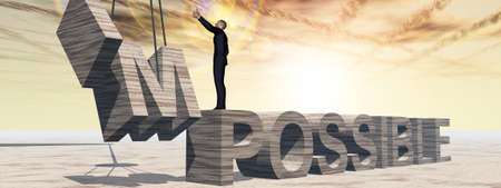 Conceptual 3D illustration of business man standing over stone impossible text on sunset sky background for success, career, work, job, achievement, development, growth, progress, vision, possibleの写真素材