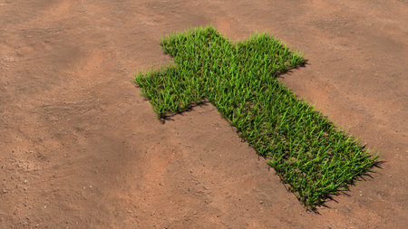 Concept conceptual green summer lawn grass symbol shape on brown soil or earth background, sign of religious christian cross. 3d illustration metaphor for God, Christ, religion, Jesus, prayer, beliefの写真素材