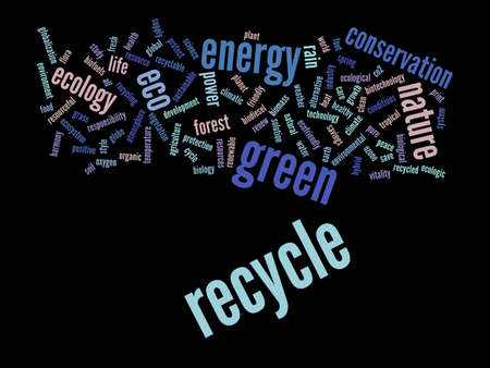 Concept or conceptual abstract green ecology and conservation word cloud text on black background, metaphor to environment, recycle, earth, alternative, protection, energy, eco friendly or bioの写真素材