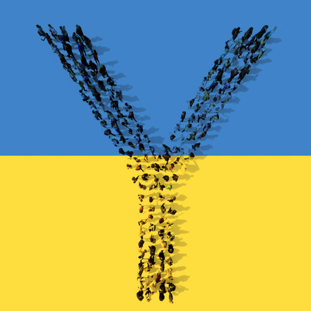Concept or conceptual community  of people forming the symbol Y on Ukrainian flag. 3d illustration...