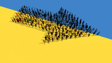 Concept or conceptual community of people forming the road sign on Ukrainian flag.  3d illustration...