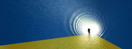 Concept or conceptual blue and yellow tunnel, the Ukrainian flag colors, with a bright light at the end as metaphor to hope and faith. A 3d illustration of a black silhouette of walking man to freedomの写真素材