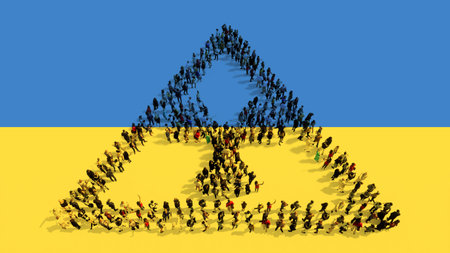 Concept or conceptual community of people forming the nuclear danger icon  on Ukrainian flag.  3d...