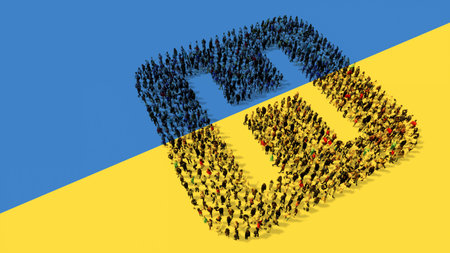 Concept or conceptual large community of people forming the hospital sign on Ukrainian flag.  3d...