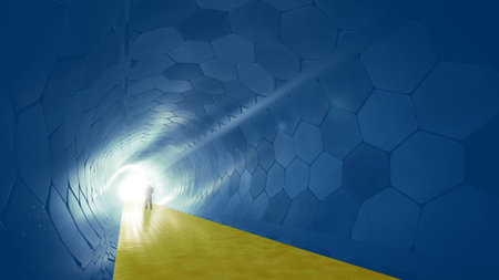 Concept or conceptual blue and yellow tunnel, the Ukrainian flag colors, with a bright light at the...