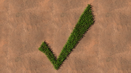 Concept or conceptual green summer lawn grass symbol shape on brown soil or earth background, sign of checkmark. A 3d illustration metaphor for quality, validation, achievement, success and unityの写真素材