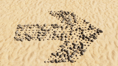Concept conceptual stones on beach sand handmade symbol shape, golden sandy background, road sign....