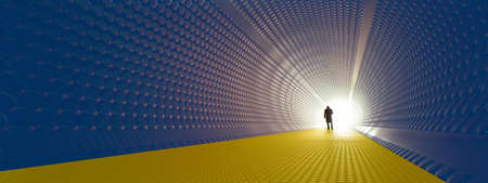 Concept or conceptual blue and yellow tunnel, the Ukrainian flag colors, with a bright light at the end as metaphor to hope and faith. A 3d illustration of a black silhouette of walking man to freedomの写真素材